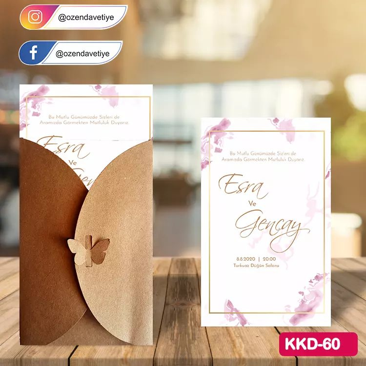 ozen-davetiye-Düğün Davetiyesi - Kelebekli Kraft Zarflı Davetiye Model No:60